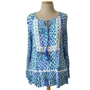Lilly Pulitzer Womens Sz M Blue & Green Boho Tunic Top W/ Crochet Trim